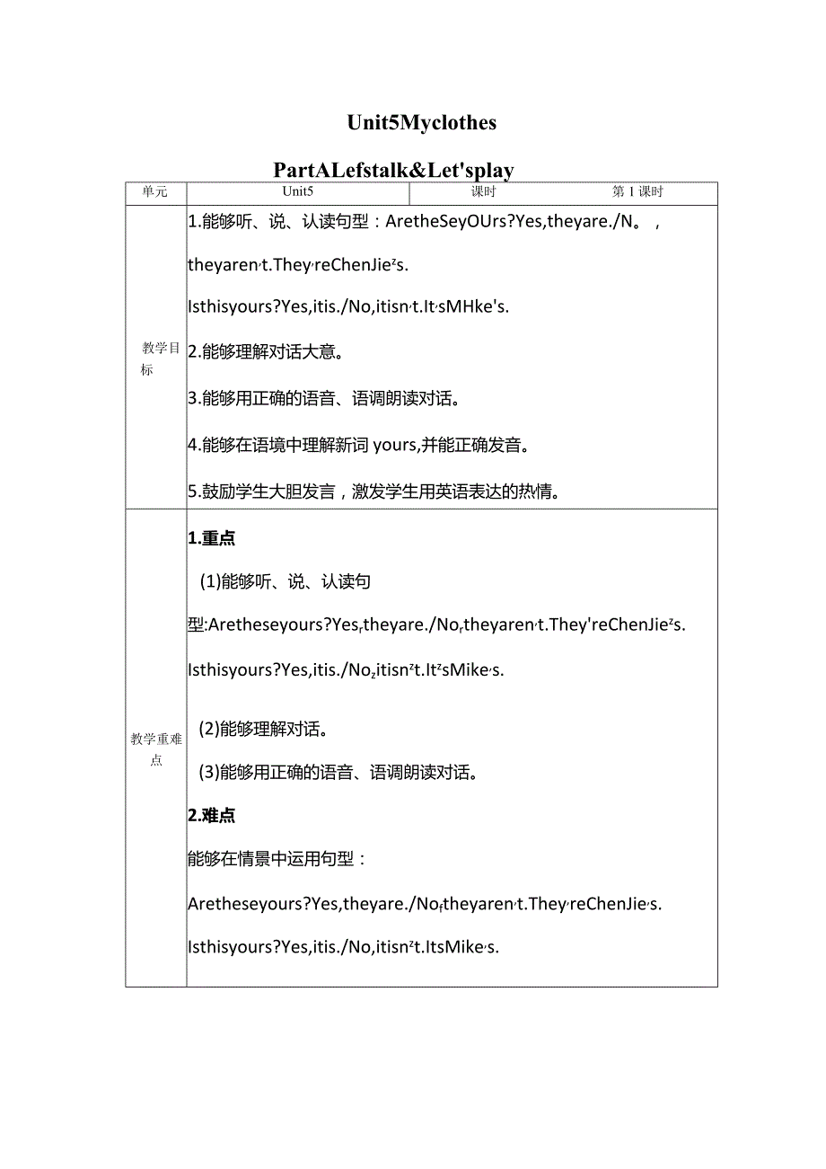 Unit5Myclothes第1课时(教学设计)PartALet’stalkLet’splay四年级.docx_第1页