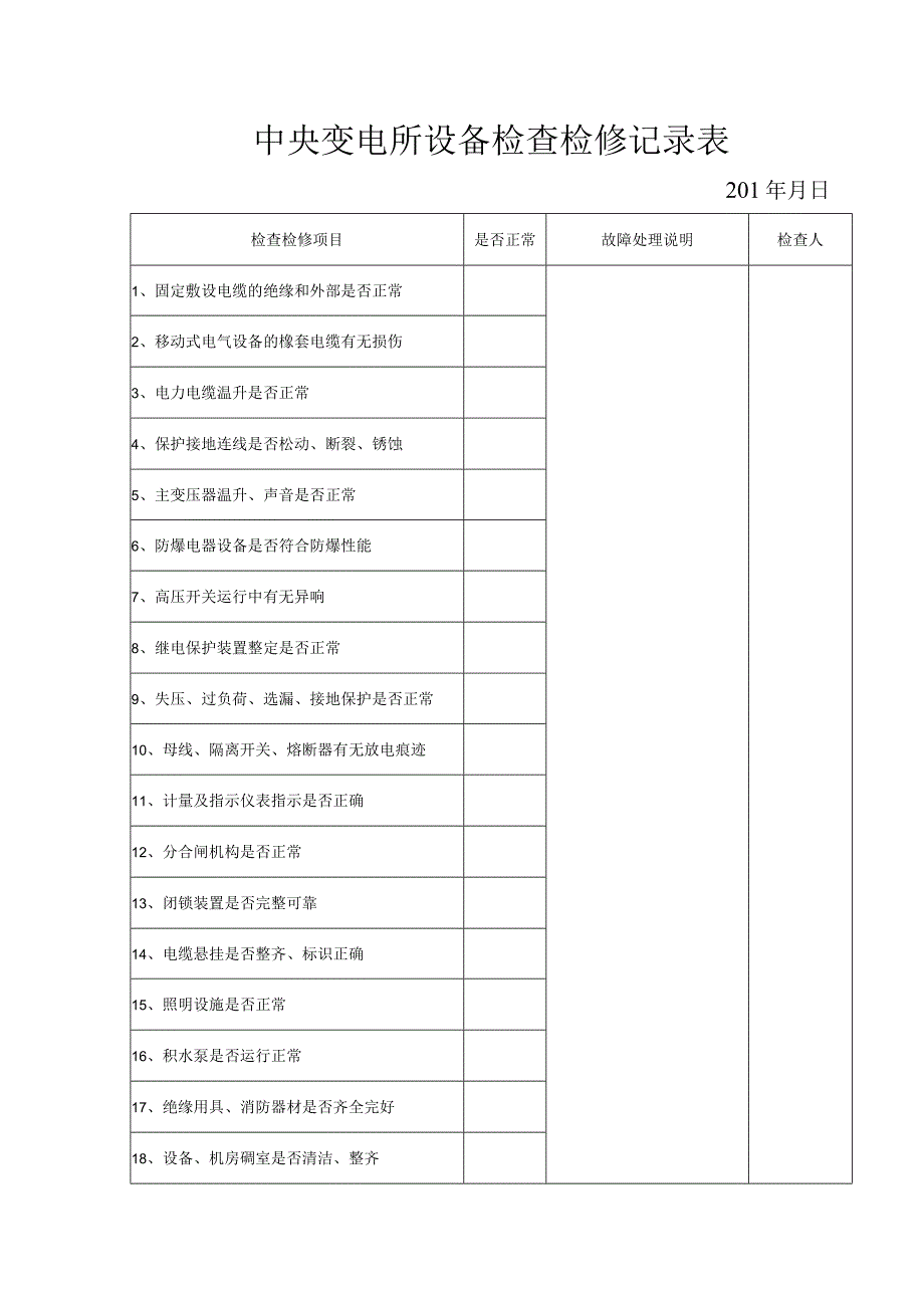 中央变电所设备检查检修记录表.docx_第1页