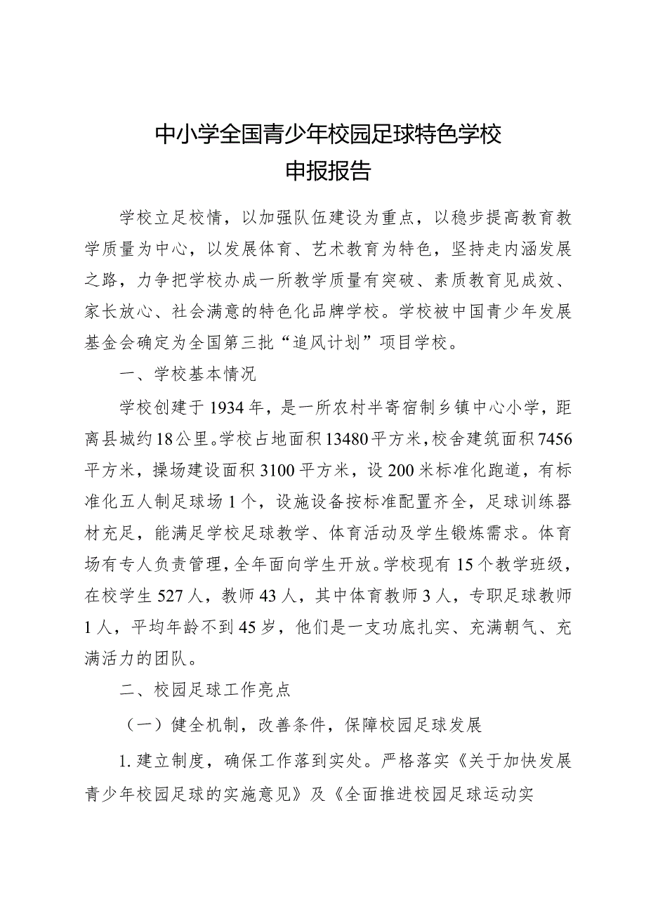 中小学全国青少年特色足球学校申报报告.docx_第1页