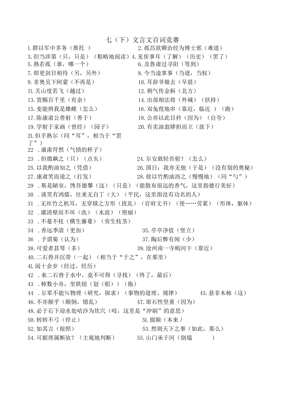 七年级下册文言文百词竞赛.docx_第1页