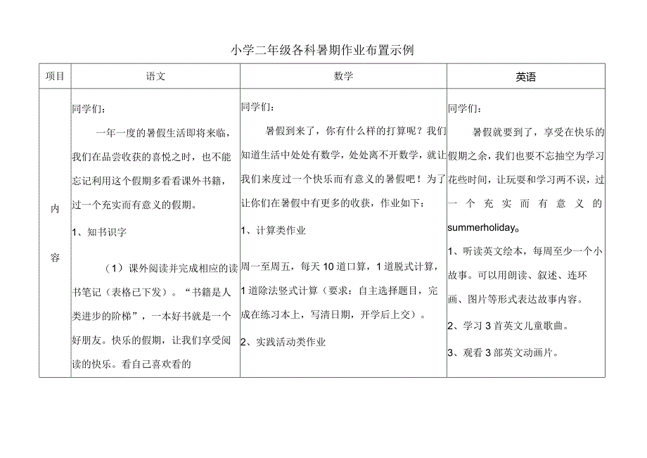 假期作业：小学二年级各科暑期作业布置示例.docx_第1页