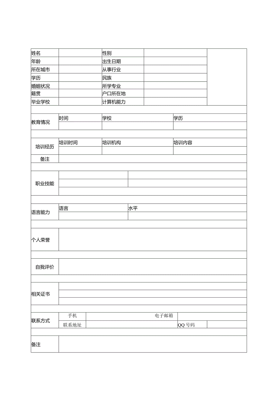 个人空白简历标准表.docx_第1页