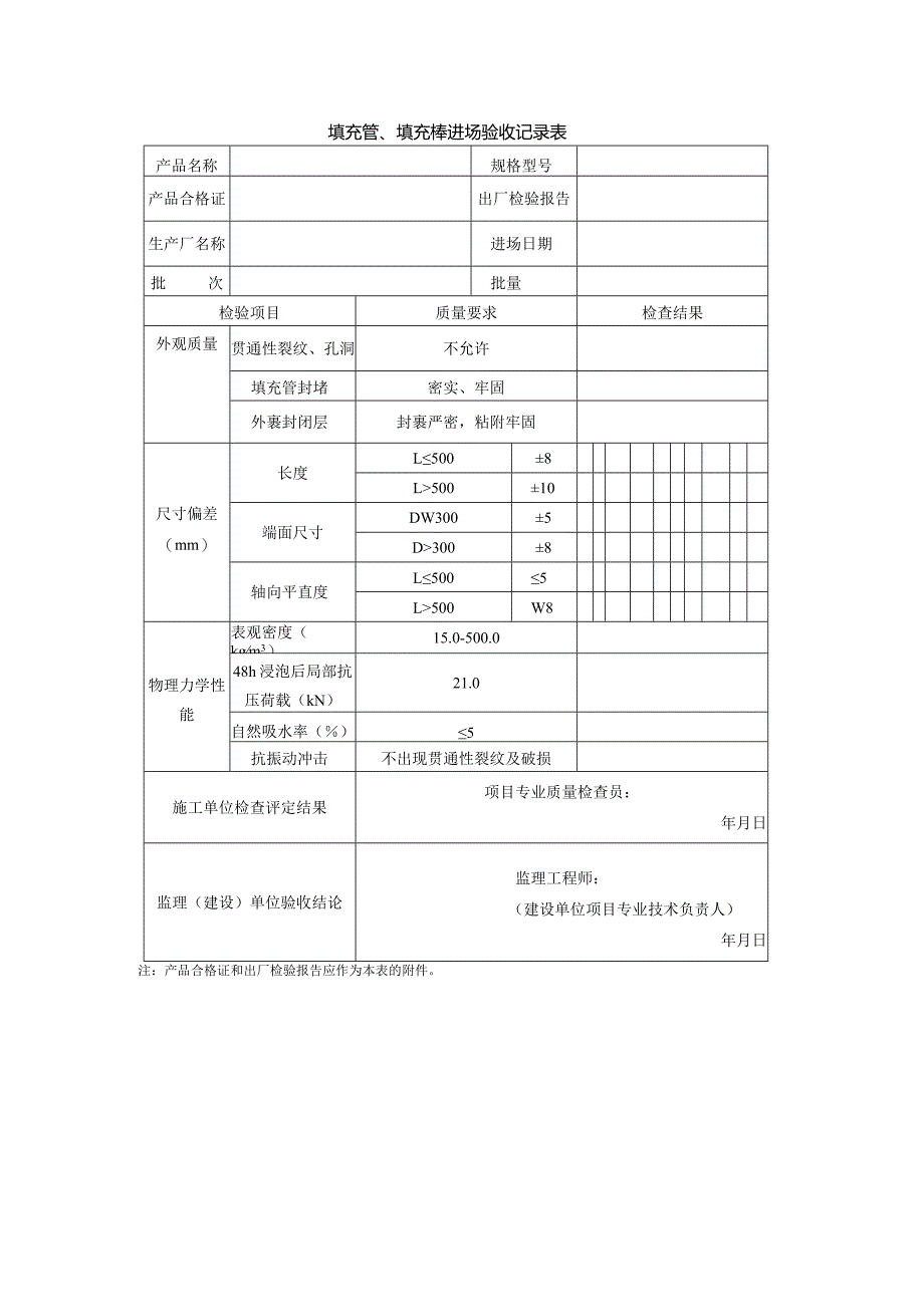 填充管、填充棒进场验收记录表.docx_第1页