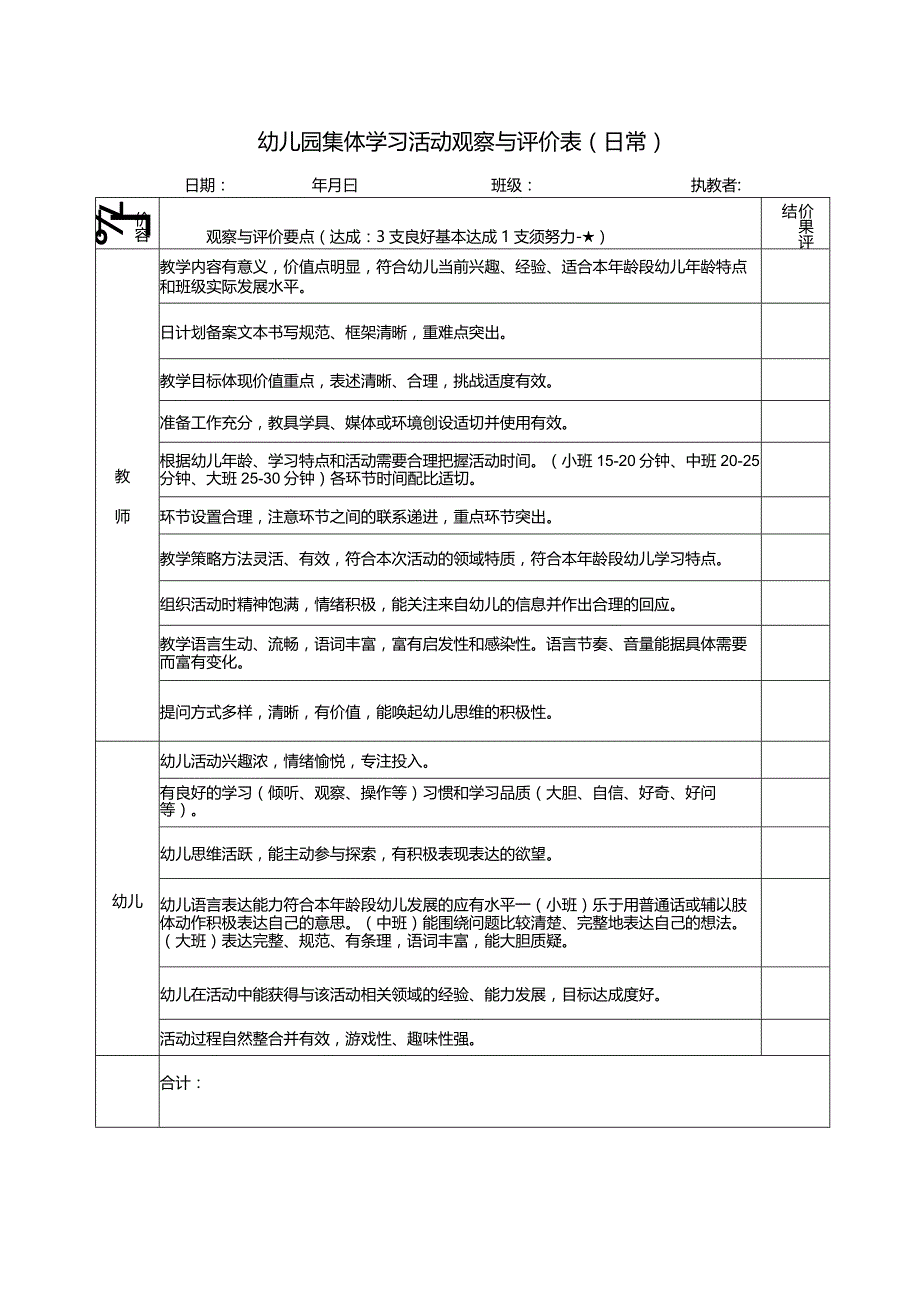 幼儿园集体学习活动观察与评价表(日常).docx_第1页