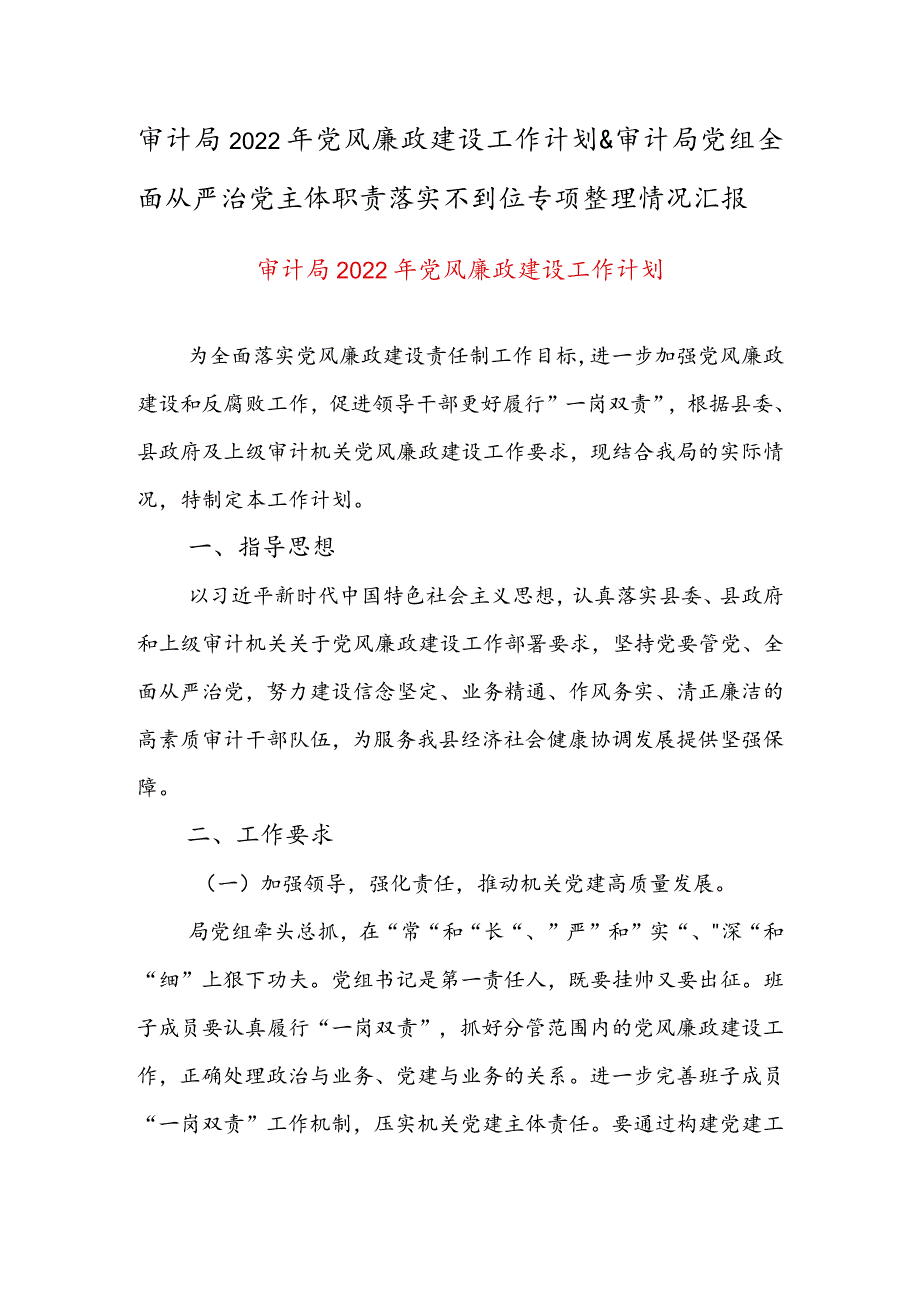 审计局2022年党风廉政建设工作计划&审计局党组全面从严治党主体职责落实不到位专项整理情况汇报.docx_第1页