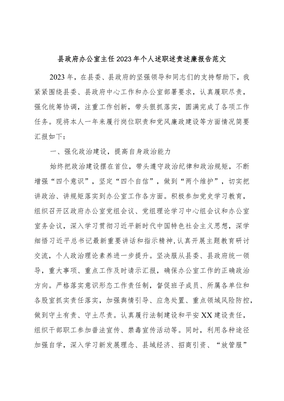 县政府办公室主任2023年个人述职述责述廉报告工作总结汇报范文稿.docx_第1页