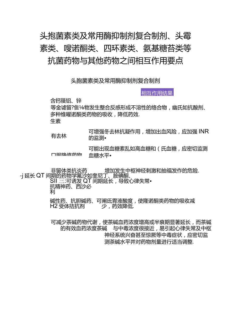 头孢菌素类、头霉素类、喹诺酮类、四环素类、氨基糖苷类等抗菌药物与其他药物之间相互作用要点.docx_第1页