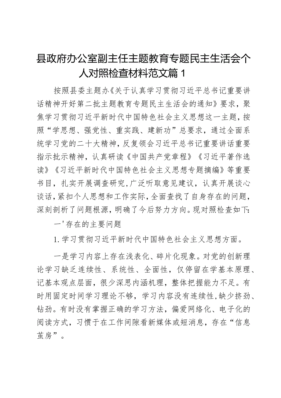 县政府办公室副主任主题教育专题民主生活会个人对照检查材料范文2篇.docx_第1页