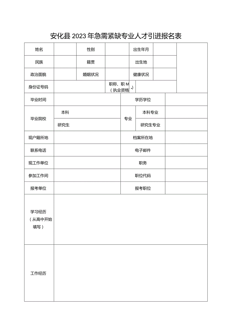 安化县2022年高层次（急需紧缺）人才引进报名表.docx_第1页