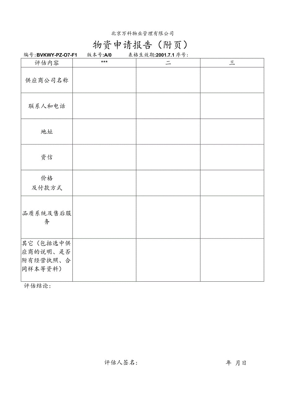 北京万科物业管理有限公司物资申请报告.docx_第2页