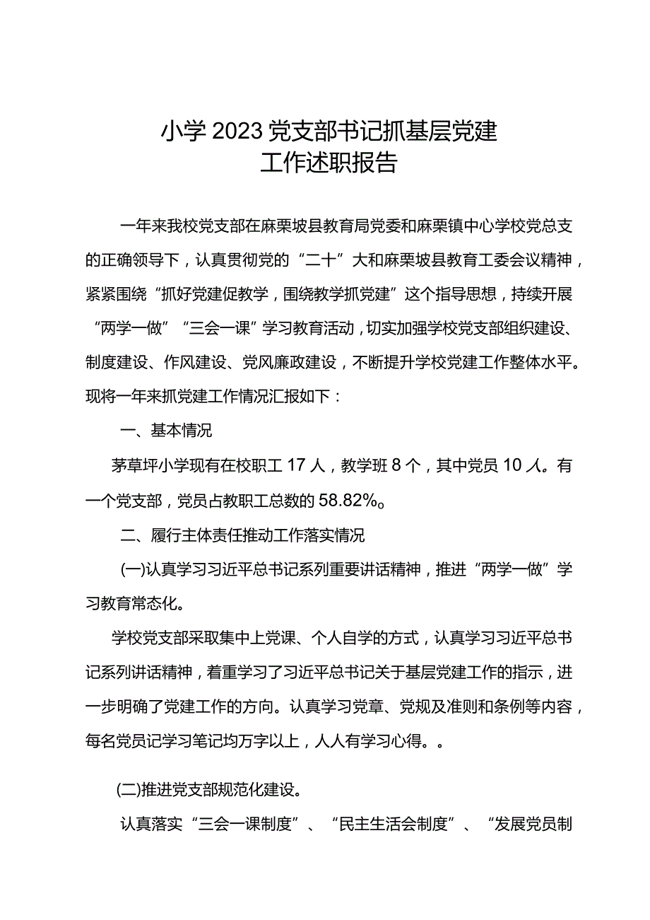 小学2023年党支部书记抓基层党建工作述职报告.docx_第1页