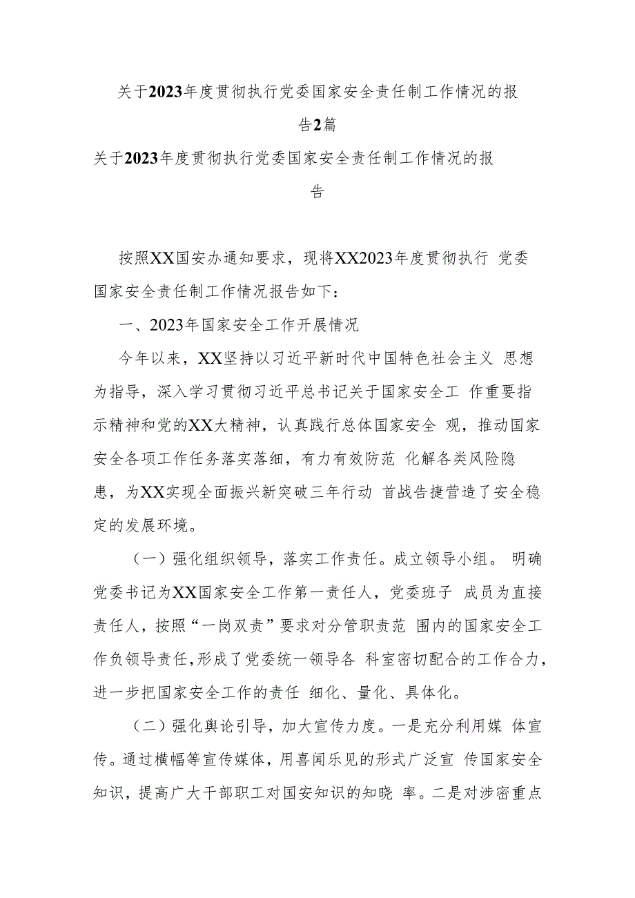 关于2023年度贯彻执行党委国家安全责任制工作情况的报告2篇.docx_第1页