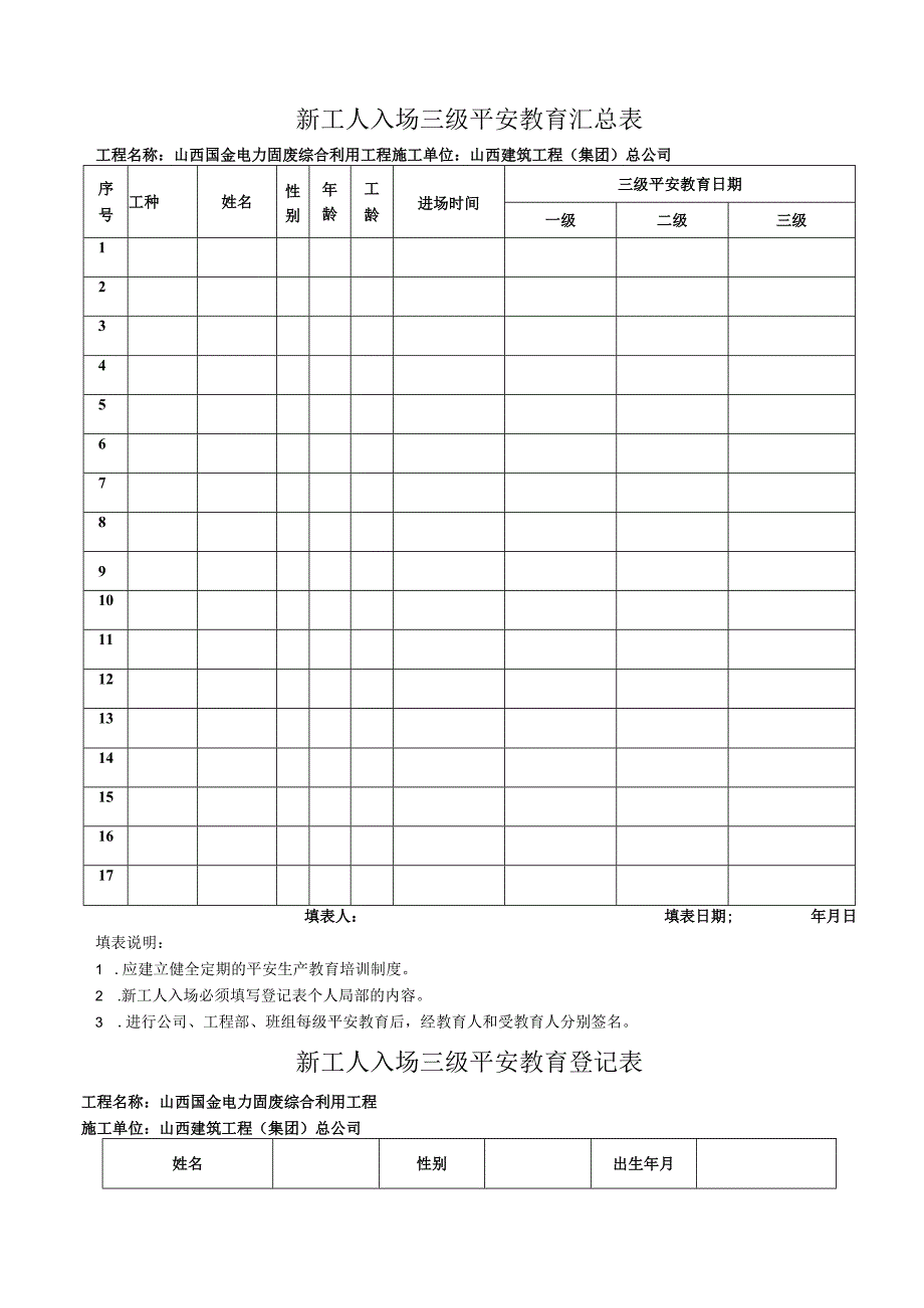 建筑三级安全教育表格.docx_第1页