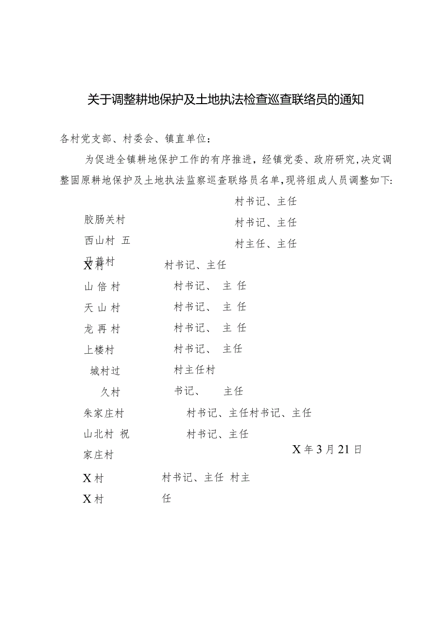 关于调整耕地保护及土地执法检查巡查联络员的通知.docx_第1页