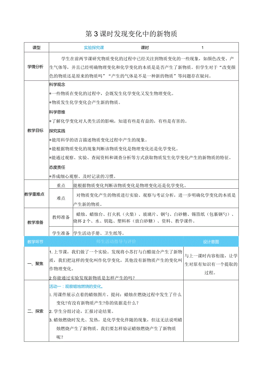 发现变化中的新物质核心素养目标教案表格式新教科版科学六年级下册.docx_第1页