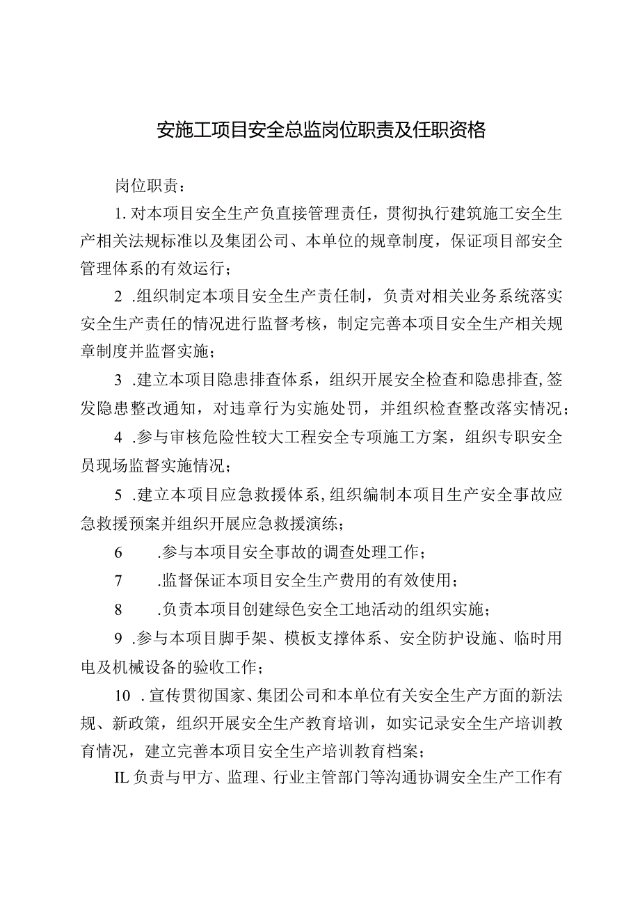 安施工项目安全总监岗位职责及任职资格.docx_第1页