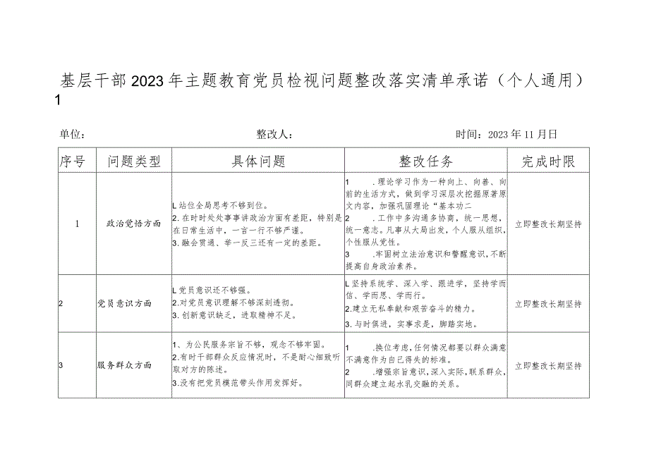 基层干部2023年第二批主题教育党员检视问题整改落实清单承诺范文3篇（个人通用）.docx_第2页