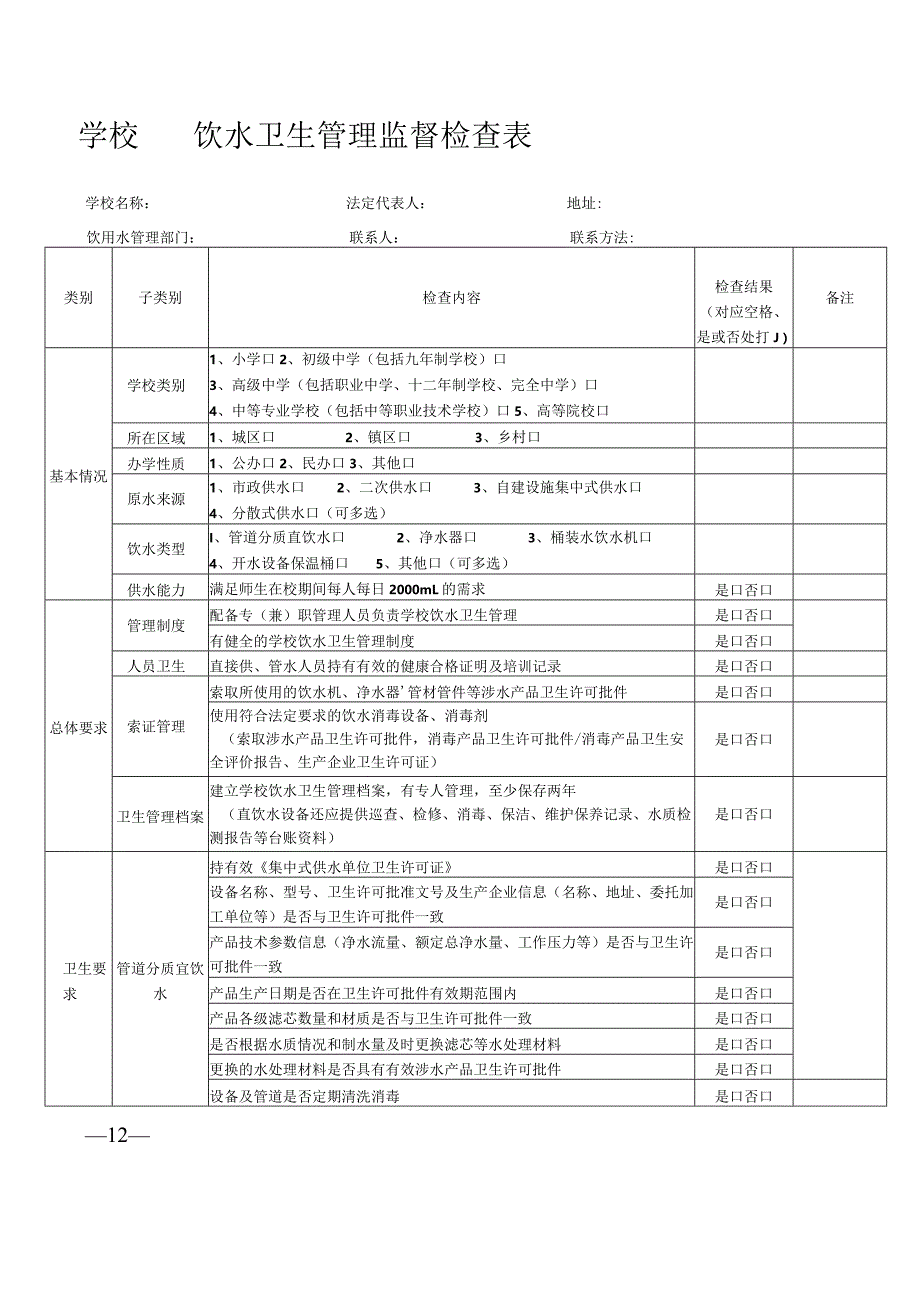 学校饮水卫生管理监督检查表.docx_第1页