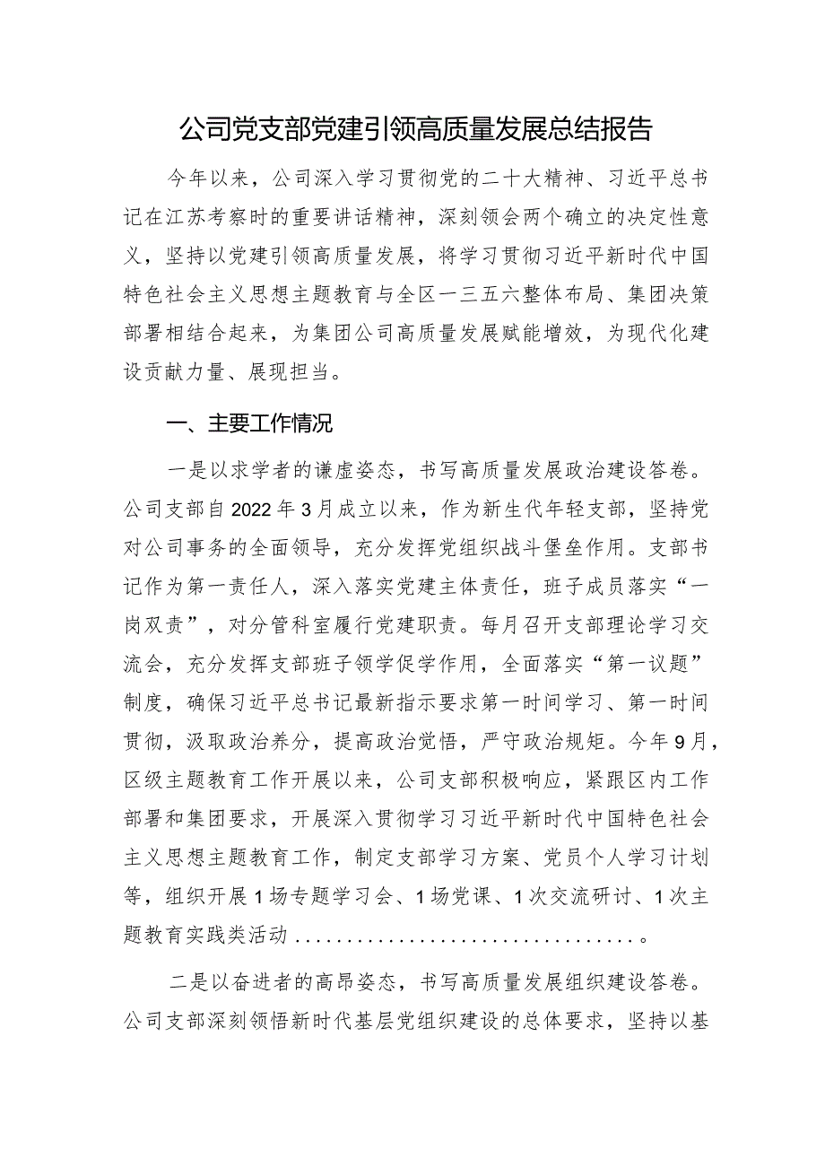 公司党支部党建引领高质量发展总结报告和思想引领实干担当推动业务高质量发展党课讲稿.docx_第2页