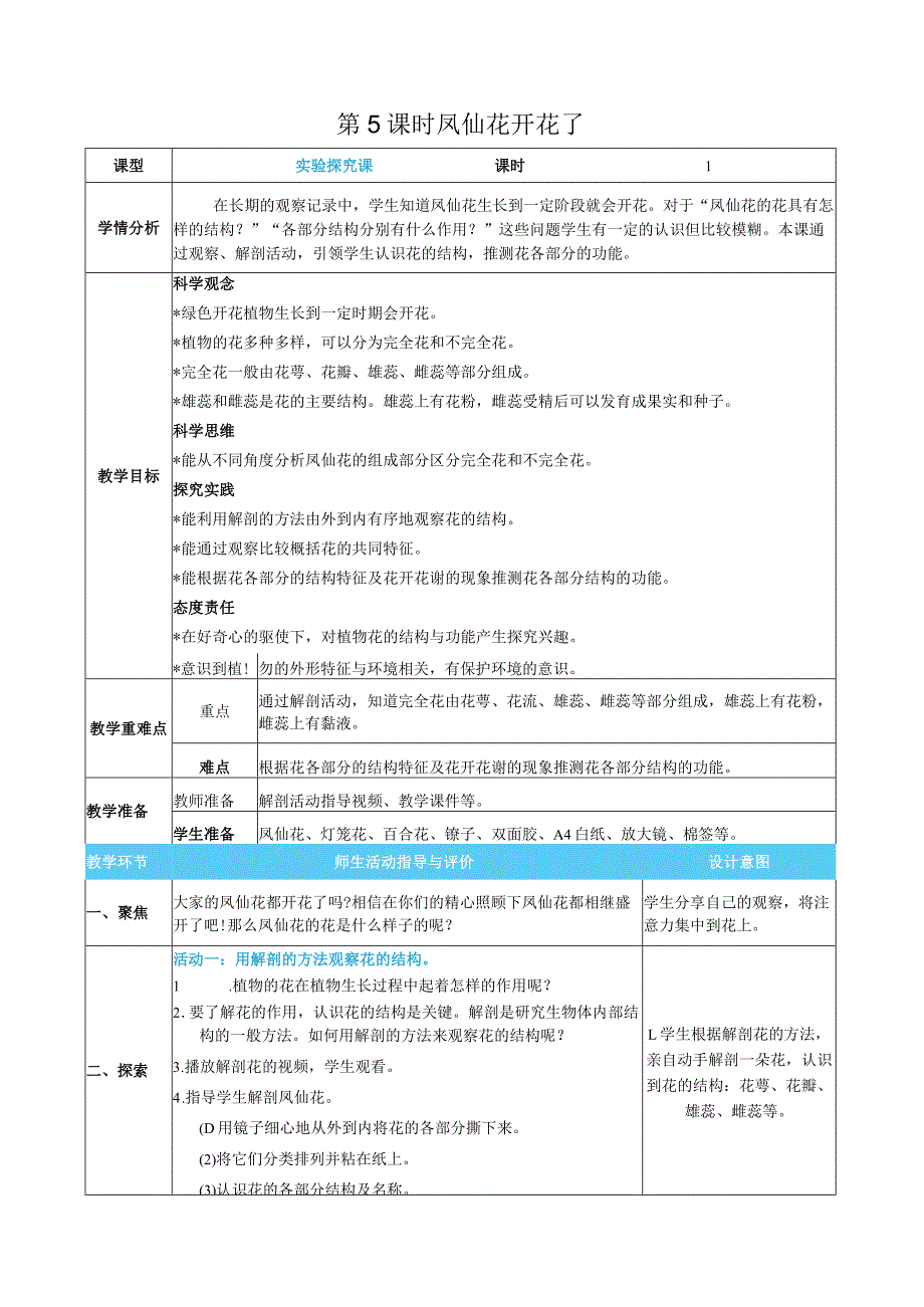 凤仙花开花了核心素养目标教案表格式新教科版科学四年级下册.docx_第1页