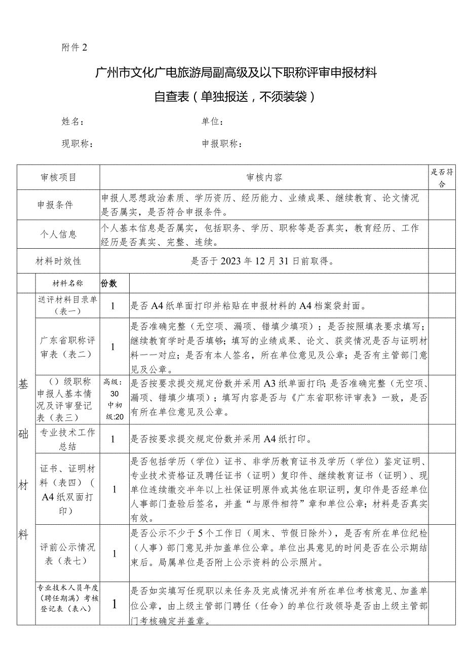 广东省文化厅艺术系列职称资格申报材料自查表.docx_第1页