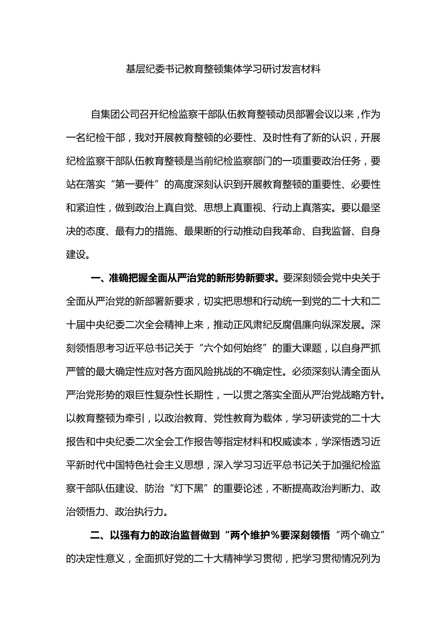 基层纪委书记教育整顿集体学习研讨发言材料3.docx_第1页