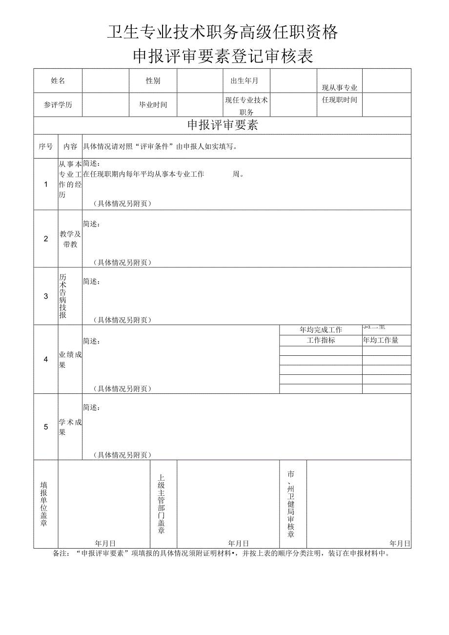 卫生专业技术职务高级任职资格申报评审要素登记审核表.docx_第1页