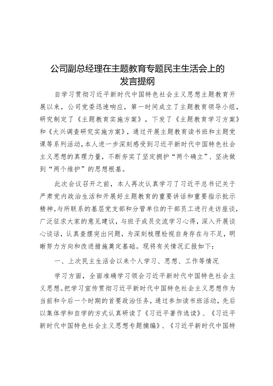 2023年主题教育专题民主生活会发言提纲（公司副总经理）.docx_第1页