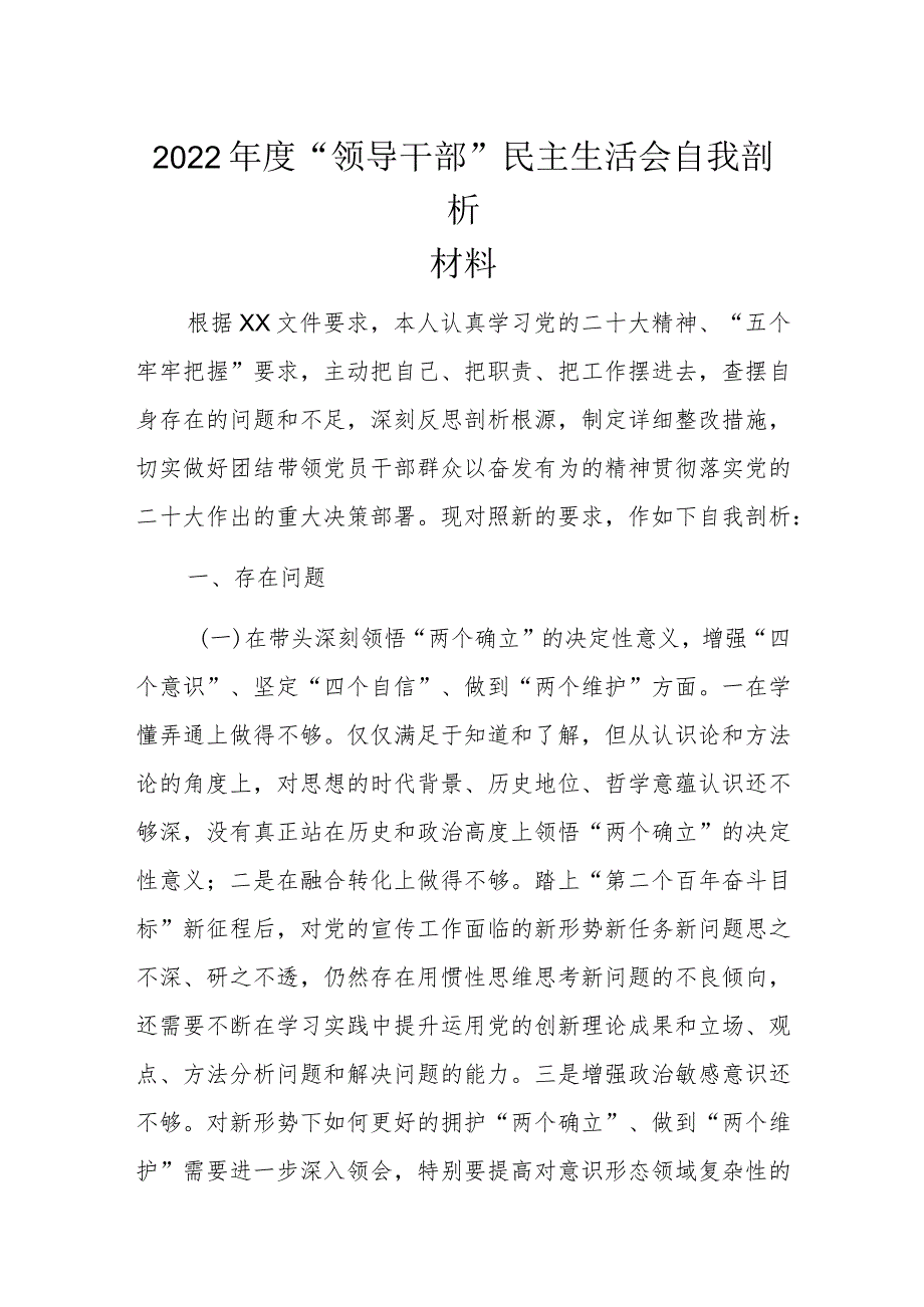 2022年度“领导干部”民主生活会自我剖析材料.docx_第1页