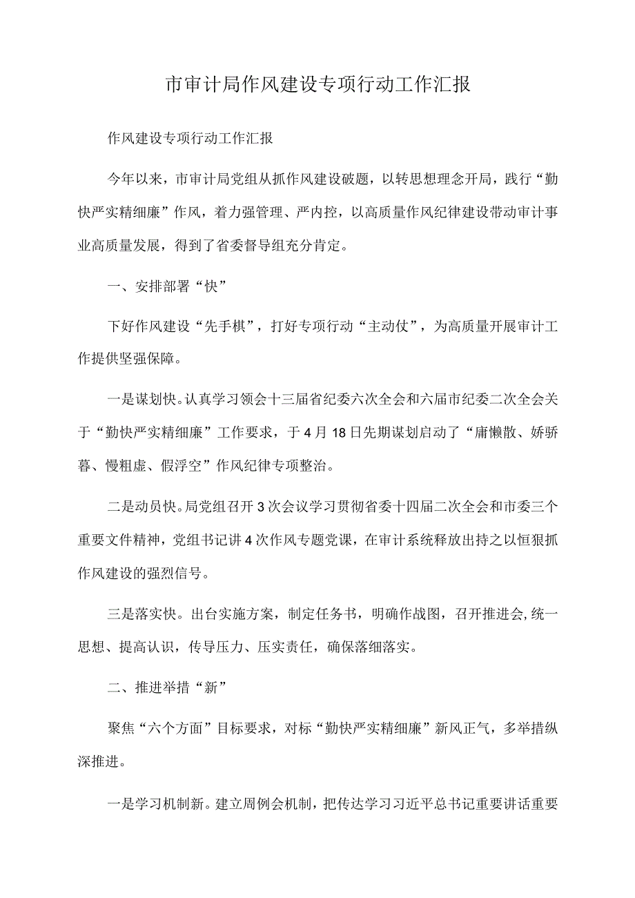 2022年市审计局作风建设专项行动工作汇报.docx_第1页