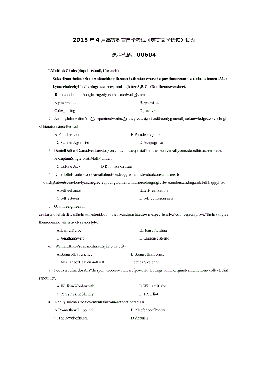 2015年04月自学考试00604《英美文学选读》试题和答案.docx_第1页