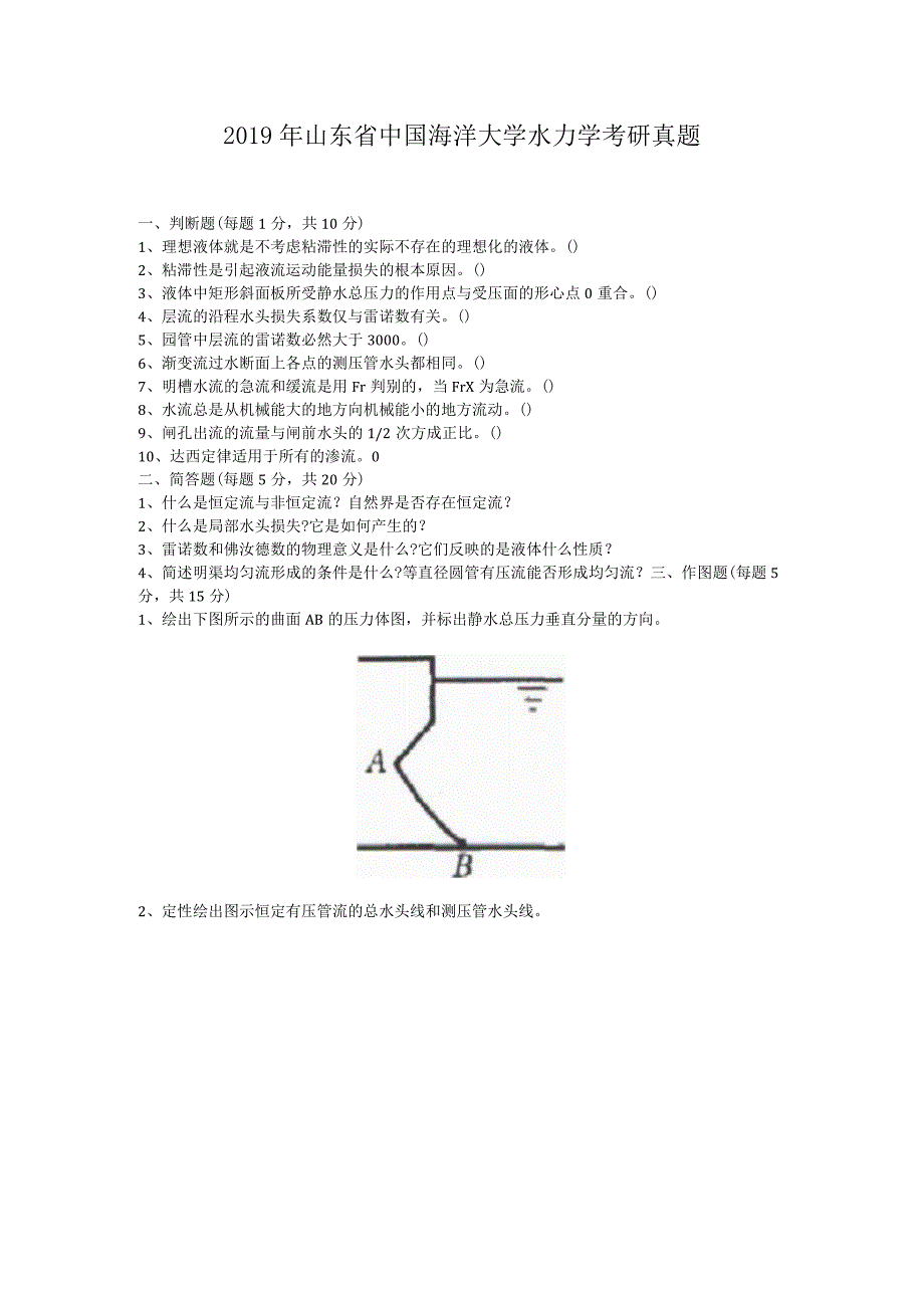 2019年山东省中国海洋大学水力学考研真题.docx_第1页