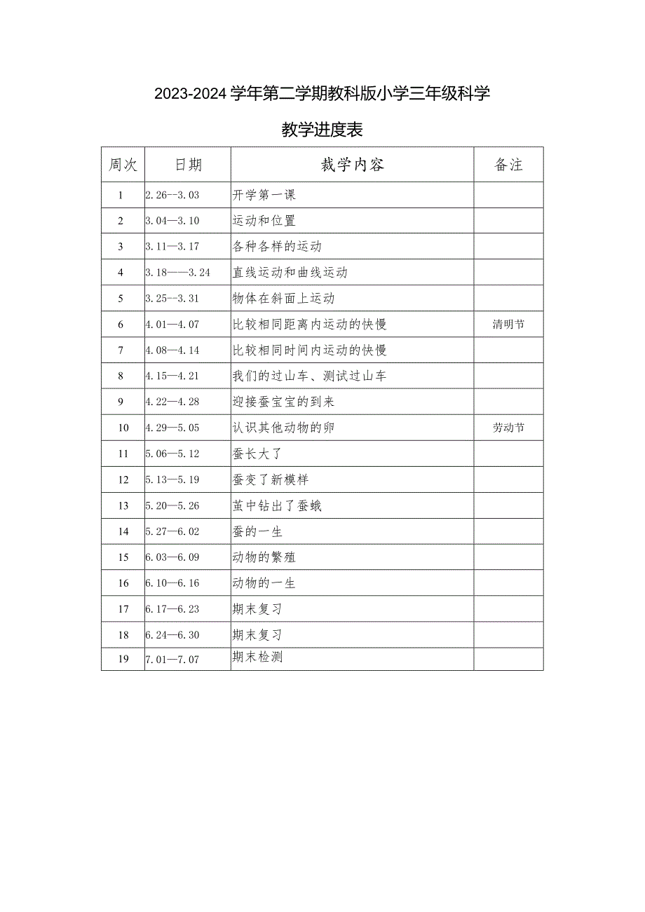 2023-2024学年第二学期教科版小学三年级科学教学进度表.docx_第1页