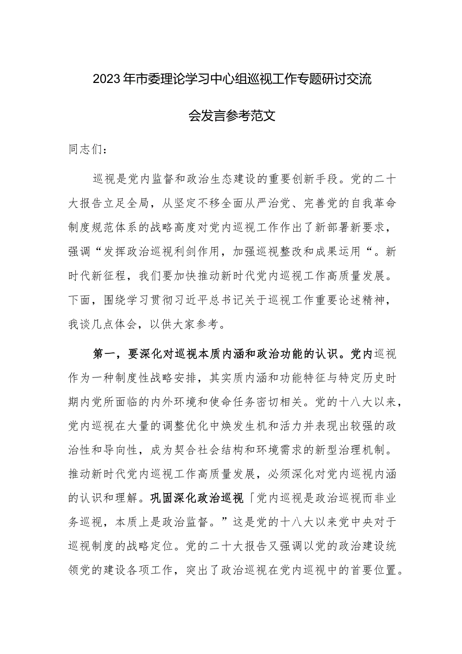 2023年市委理论学习中心组巡视工作专题研讨交流会发言参考范文.docx_第1页