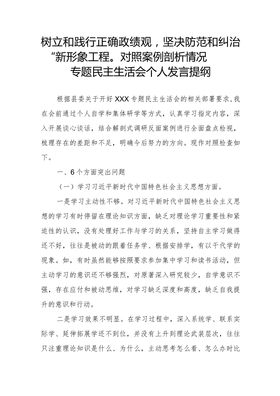 树立和践行正确政绩观坚决防范和纠治“新形象工程”对照案例剖析情况专题民主生活会个人发言提纲.docx_第1页