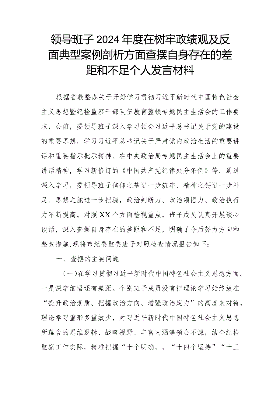 领导班子2024年度在树牢政绩观及反面典型案例剖析方面查摆自身存在的差距和不足个人发言材料.docx_第1页