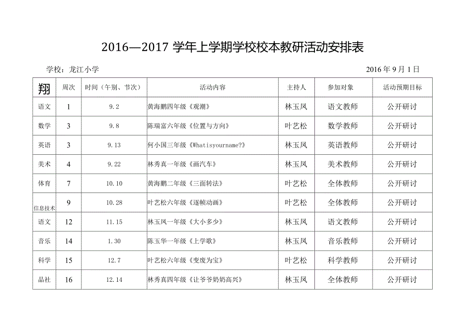 16-17上龙江小学学校教研活动安排表.docx_第1页
