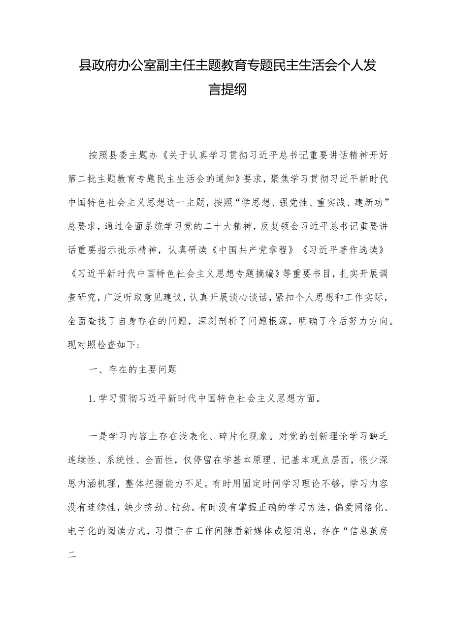 县政府办公室副主任主题教育专题民主生活会个人发言提纲.docx_第1页