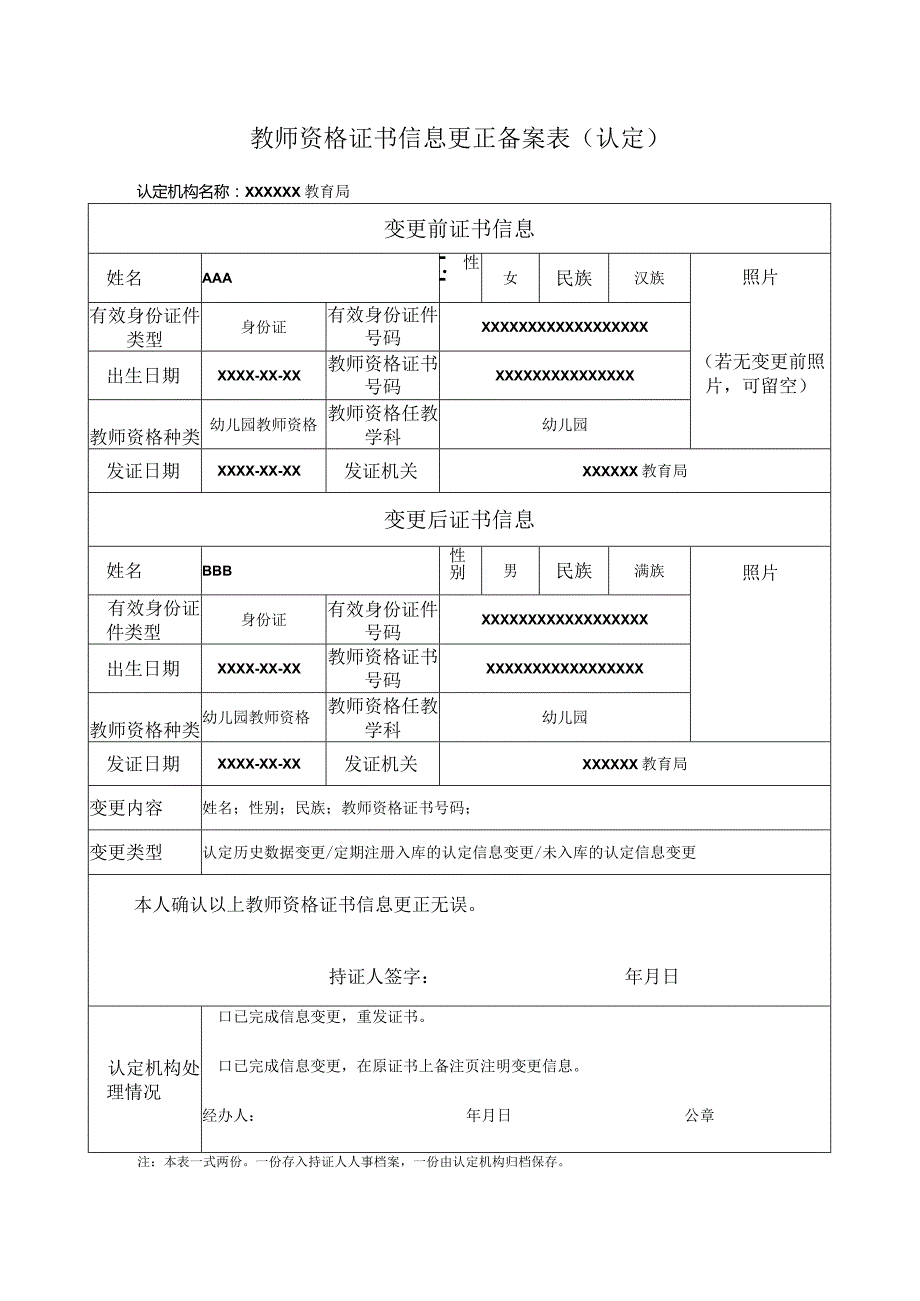 教师资格证书信息更正备案表（认定）.docx_第1页