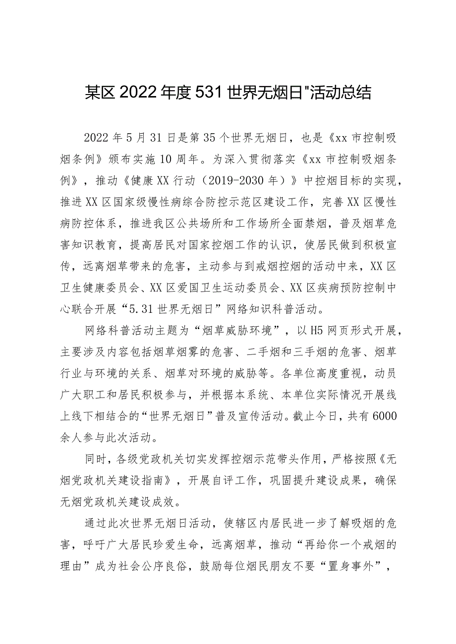 某区2022年度“5.31世界无烟日”活动总结.docx_第1页