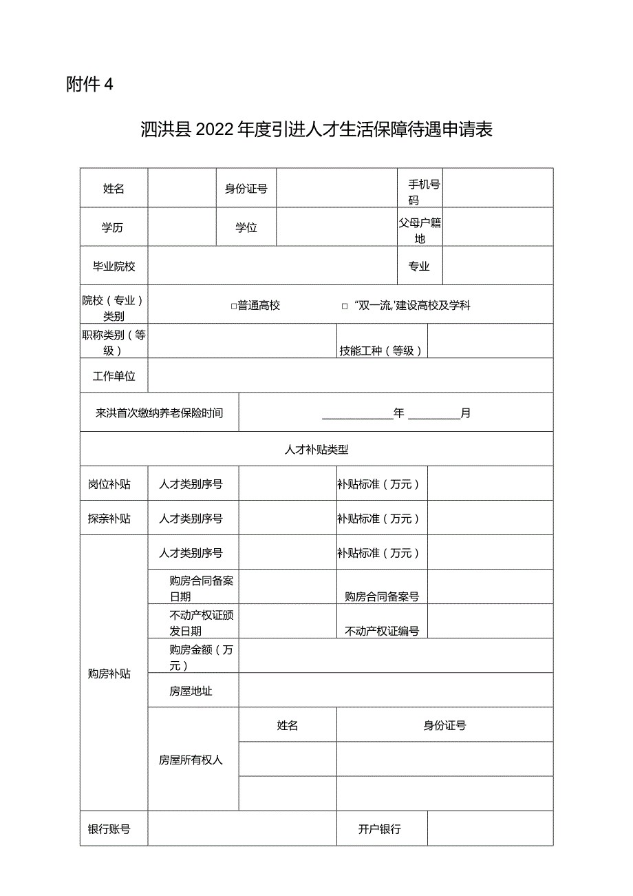 泗洪县2022年度引进人才生活保障待遇申请表.docx_第1页