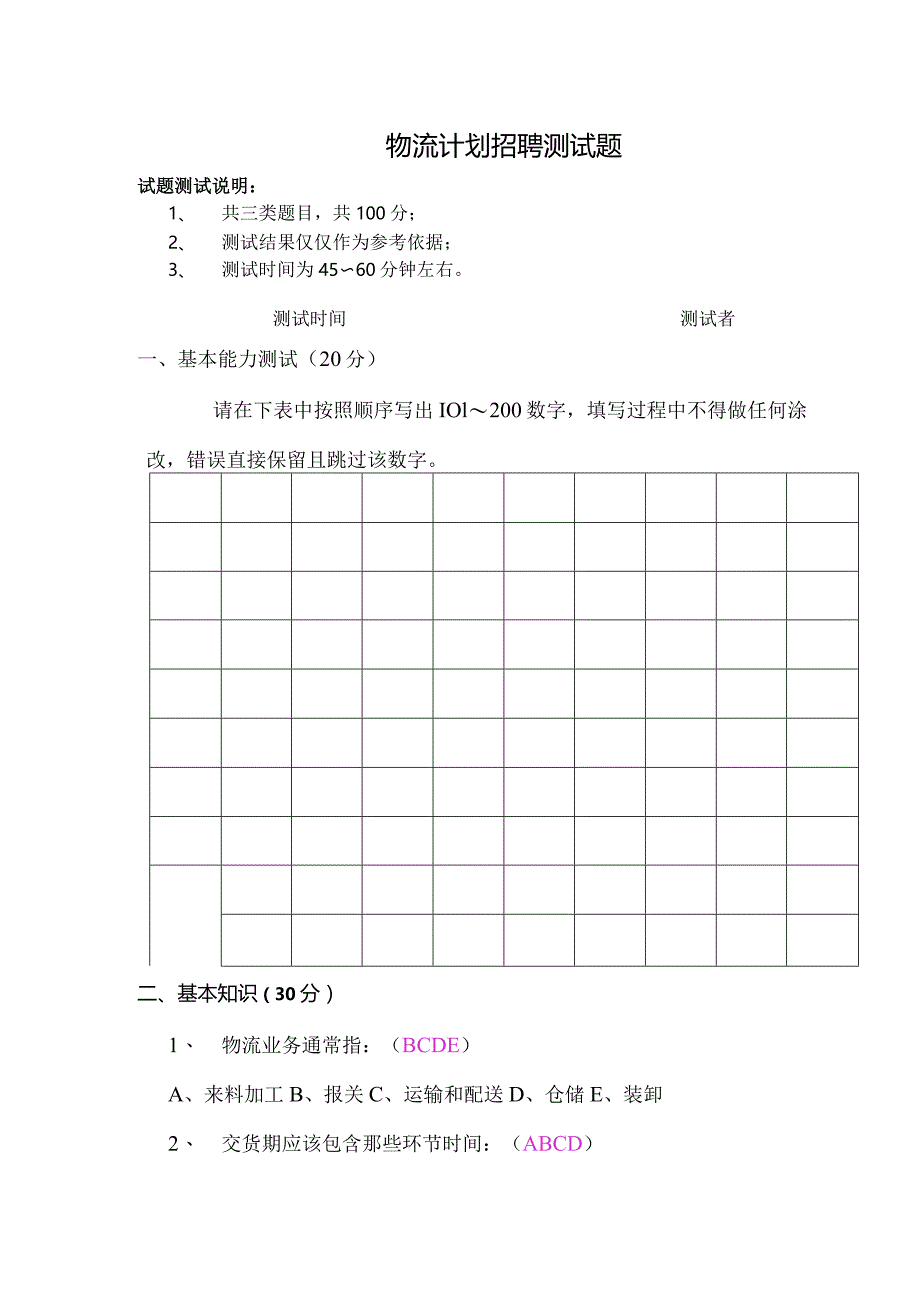 物流计划招聘测试题（答案）.docx_第1页