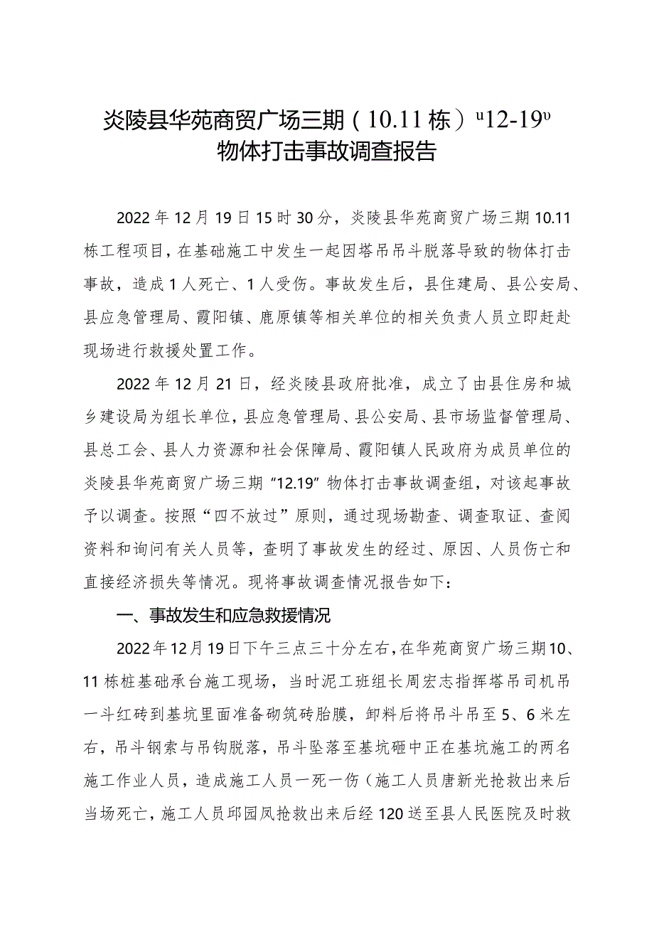 炎陵县华苑商贸广场三期（10、11栋）“12·19”物体打击事故调查报告.docx_第1页