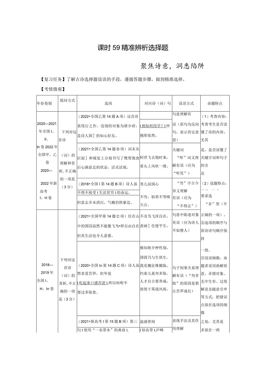 板块6古诗词阅读与鉴赏课时59精准辨析选择题——聚焦诗意洞悉陷阱.docx_第1页