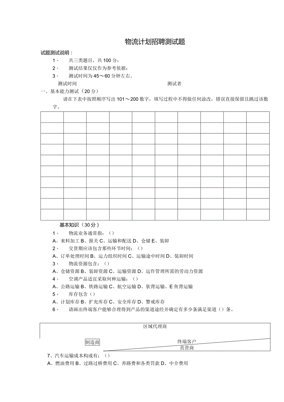 物流计划招聘测试题(题目）.docx_第1页