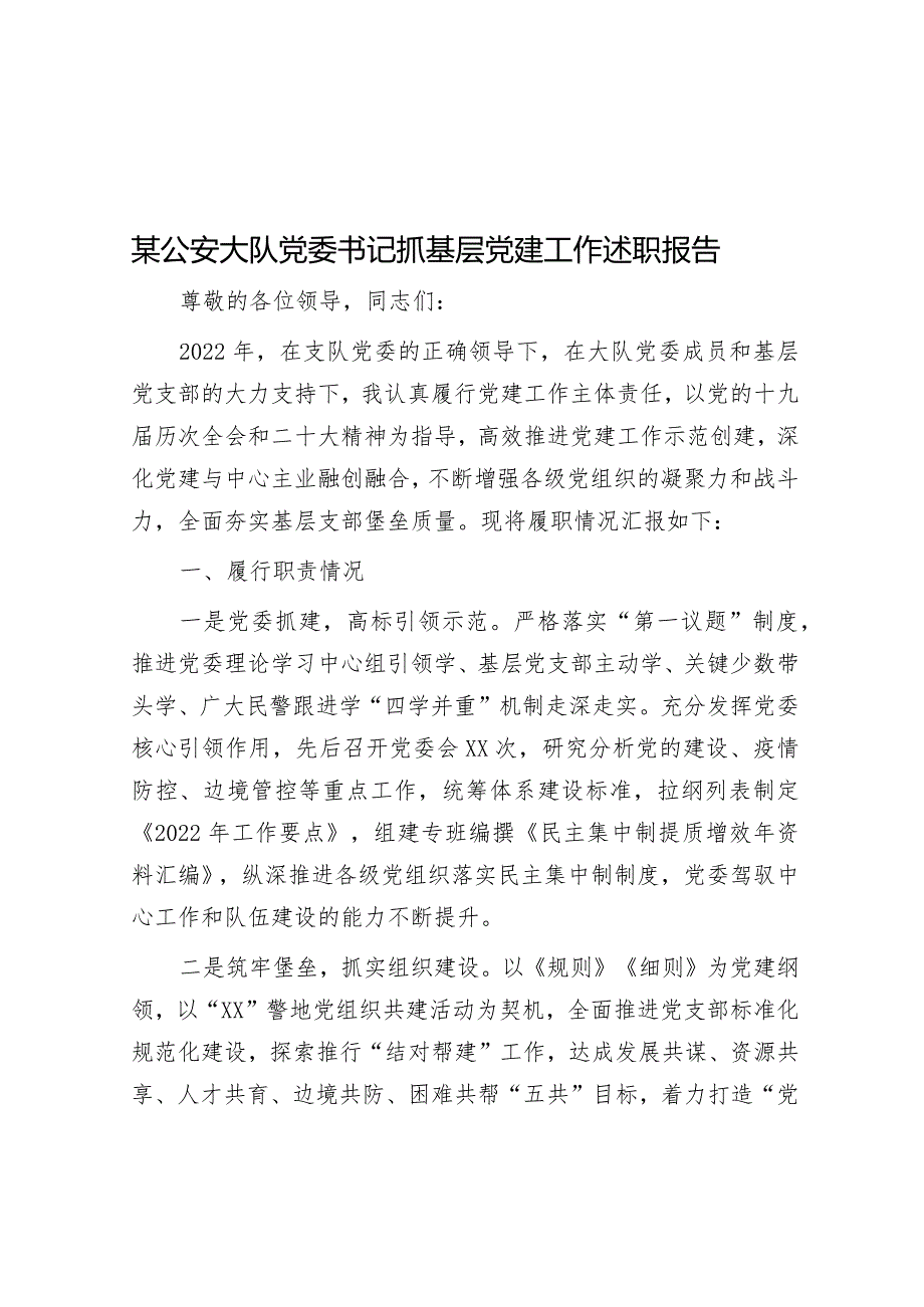 某公安大队党委书记抓基层党建工作述职报告.docx_第1页