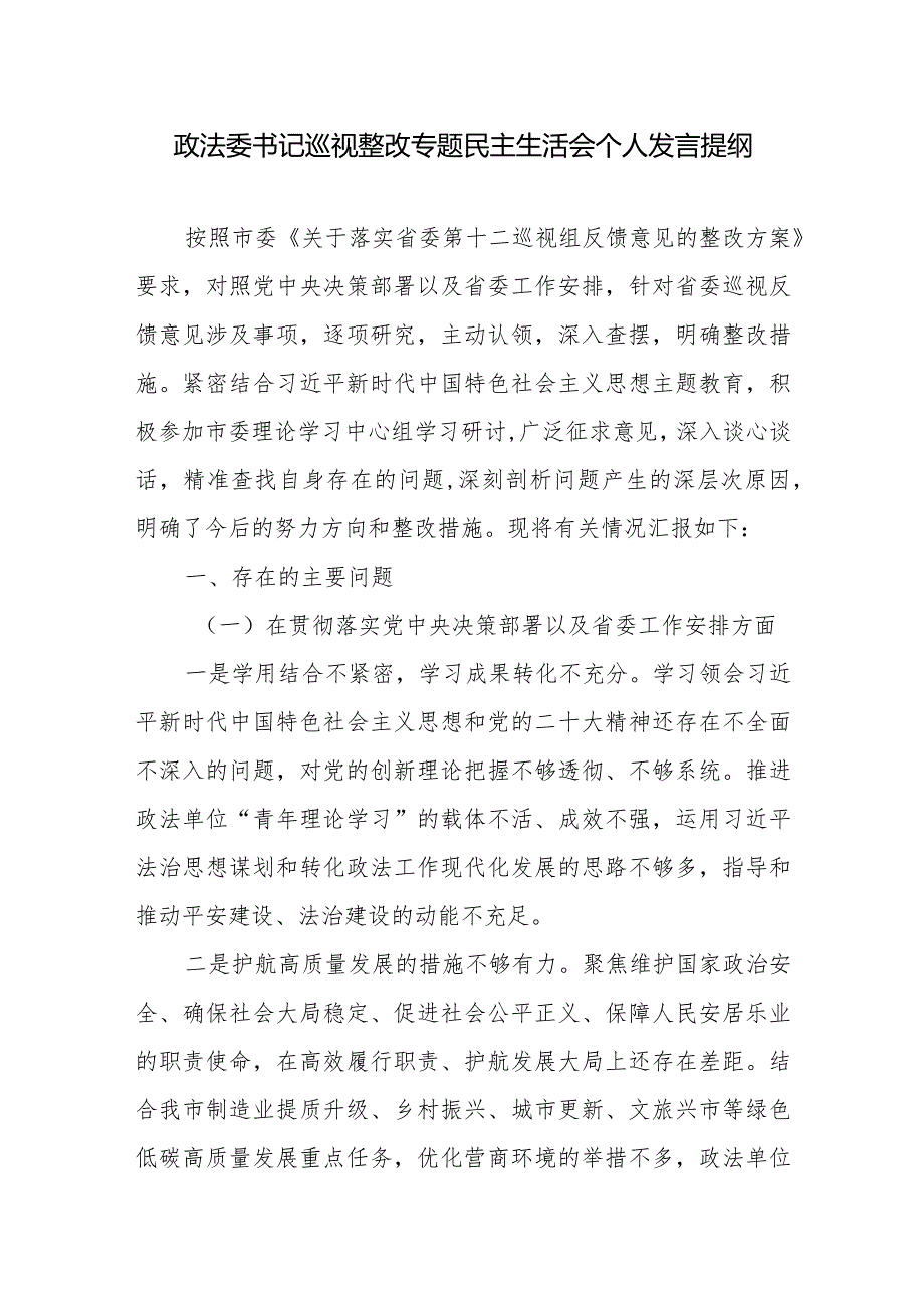 政法委书记巡视整改专题民主生活会个人发言提纲.docx_第1页