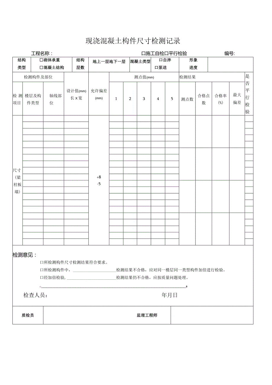 现浇混凝土构件尺寸检测记录.docx_第1页