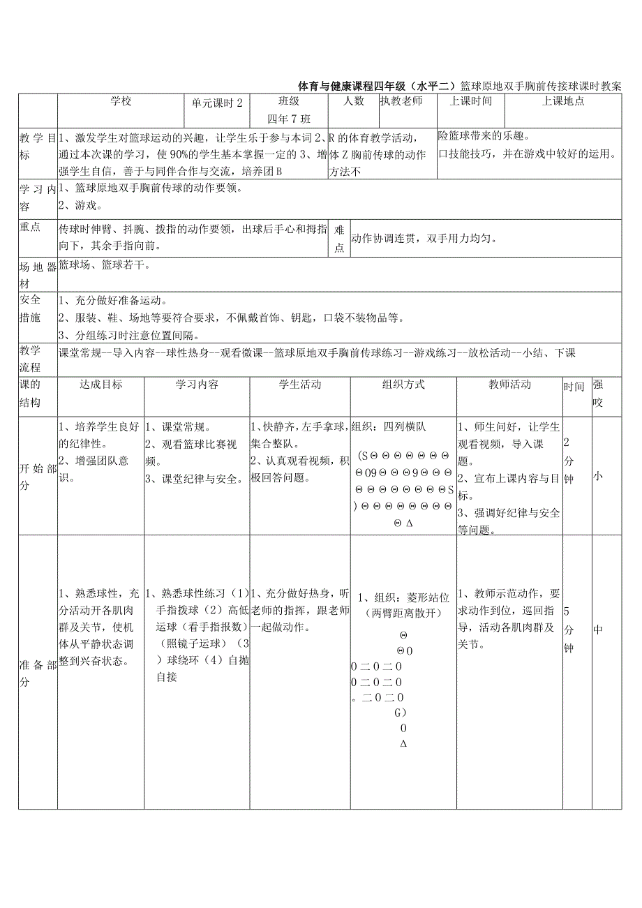 水平二（四年级）体育《篮球原地双手胸前传球》公开课教案.docx_第1页