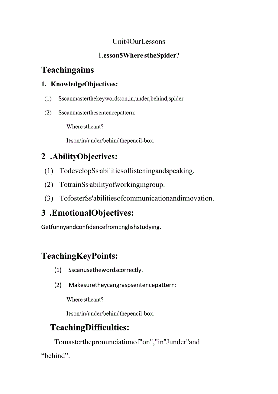 新路径四年级上册ContentsLesson5Where’stheSpider教案.docx_第1页